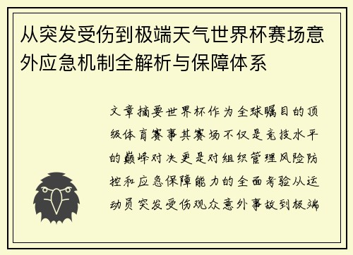 从突发受伤到极端天气世界杯赛场意外应急机制全解析与保障体系