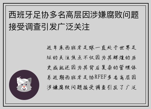西班牙足协多名高层因涉嫌腐败问题接受调查引发广泛关注