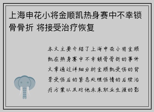 上海申花小将金顺凯热身赛中不幸锁骨骨折 将接受治疗恢复