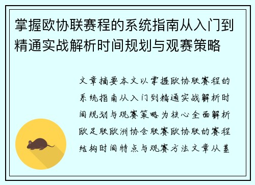 掌握欧协联赛程的系统指南从入门到精通实战解析时间规划与观赛策略